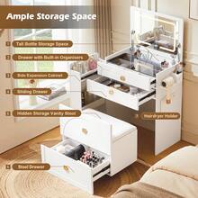CLIPOP 3-In-1 Dressing Table With Folding Mirror, Cosmetic Table With Visible Glass Top, 3 Drawers, Side Storage, Storage Stool, Small Vanity Table For Bedroom - White - View 4