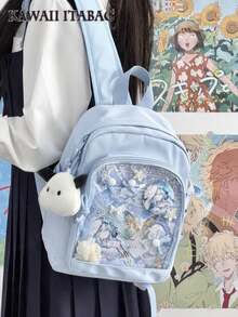 女士小背包 可爱透明包 大学生迷你背包 DIY 带徽章展示板背包 学院风新款尼龙痛包 返校礼物/动漫/演唱会粉丝背包 女孩 - 淺藍色 - 查看 2