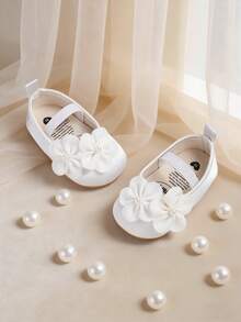 白色3D立体花朵女婴玛丽珍鞋 - 新生儿平底防滑软底派对婚礼学校公主鞋 - 白色 - 查看 9