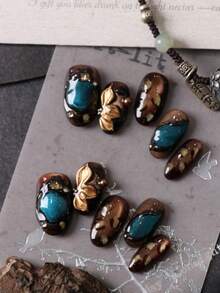 10pcs Press On Nails Nails Press On Nail Supplies Brown Cat Eyes Green Golden Flower Fake Nails Short Office DailyWear False Nails Artificial Nails Kit Includes 1sheet Adhesive Tabs &1 Pc Mini File Handmade Press On Nails - Multicolor - View 3