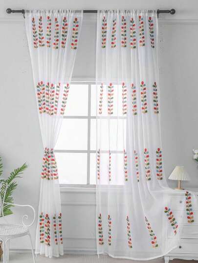 1pc Korean Pastoral Style Colorful Embroidered Tassel Voile Curtain For Living Room & Bedroom