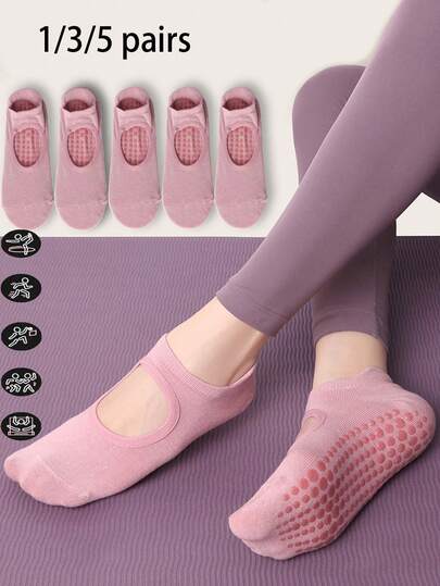 1/3/5 Pairs Women Short Yoga Socks With Silicone Non-Slip, Indoor Pilates Barre Socks, Women Hollow-Out Backless Non-Slip Long Socks With Grip, Spring Summer Sports Ankle Socks