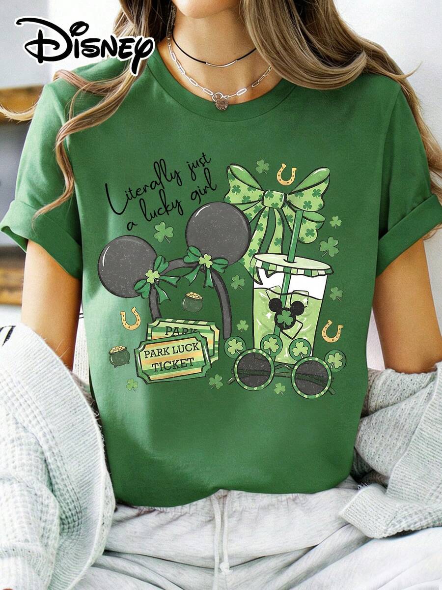 Disney Official Authorization | Women's St. Patrick's Day-Themed Short-Sleeve T-Shirt, Featuring The Fun Slogan "Literally Just A Lucky Girl", Paired With  Elements And Clover Prints, And Incorporating Lucky Symbols Like Green Bows, Park Luck Tickets, And Gold Coin Pots To Create A Full Festive Atmosphere. Made Of Opaque Fabric, It Is Machine Washable, Suitable For Park Visits And Daily Casual Wear, Making It An Eye-Catching Piece For Holiday Outfits. - 綠色 - 查看 1