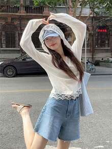 2026 Spring/Summer New Women's V-Neck Long Sleeve Top, Elegant Casual Sweet Minimalist Street Style, Delicate Lace Hollow-Out Patchwork Craftsmanship, Soft White Textured - White - View 4