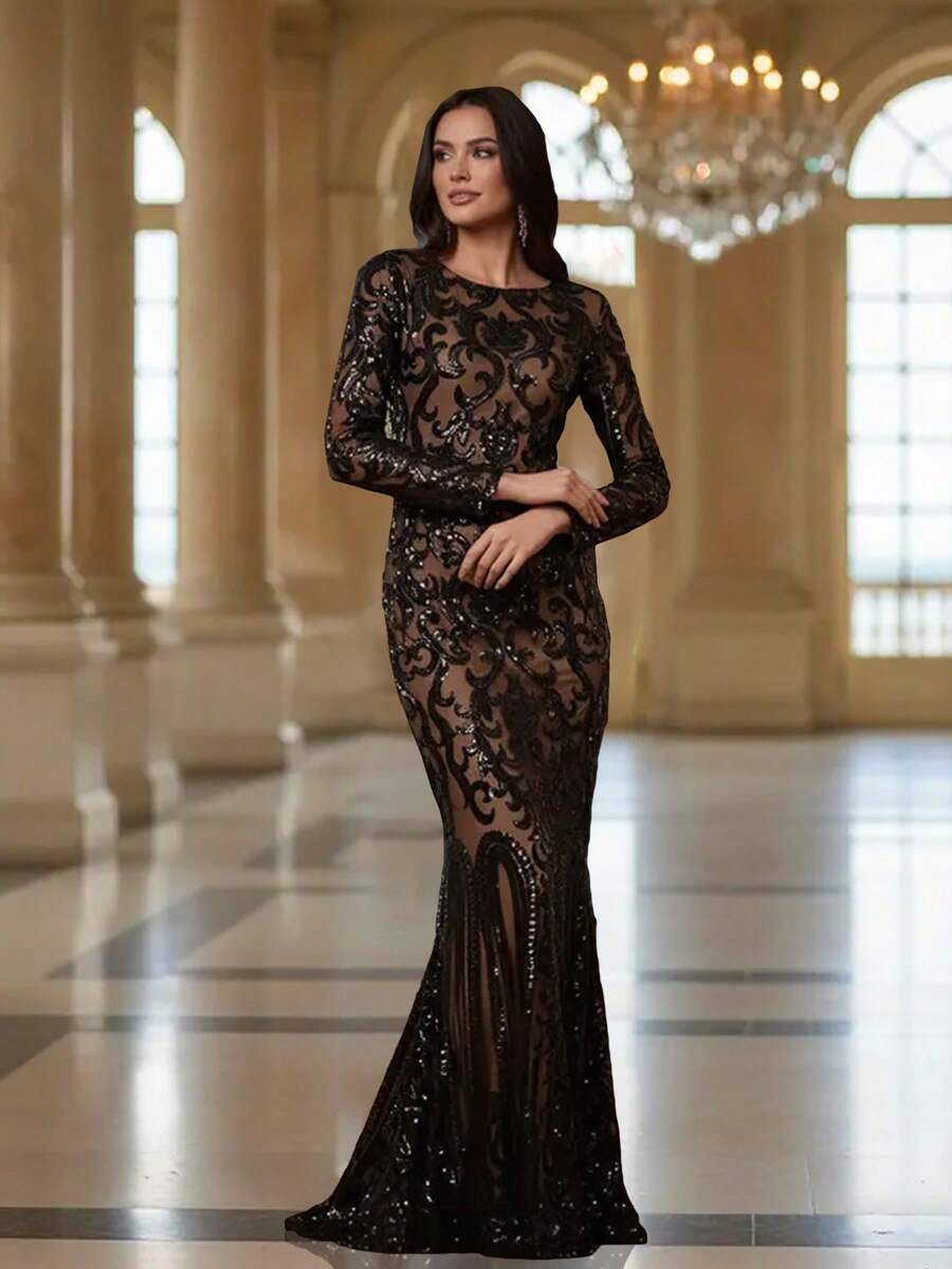 Women's Floral Sequin Round Neck Long Sleeve Fitted Glamorous Mermaid Dress - Black - View 1