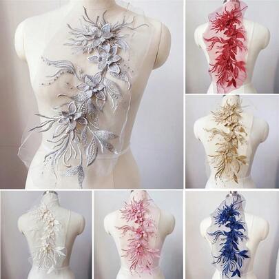 قطعة واحدة من الدانتيل اليدوي ذو البنية المنسوجة المطرزة ثلاثية الأبعاد، رقعة مطرزة بزهور متعددة الألوان، ديكور ملابس DIY