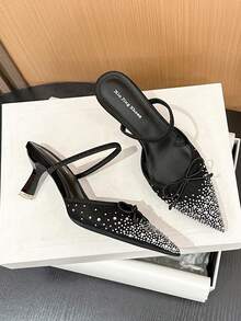 Xin Jing Shoes Women's Elegant Rhinestone Bow Mesh Sexy Fashion Net Yarn One-Strap Commuting Mid-Heel Shoes - Black - View 10