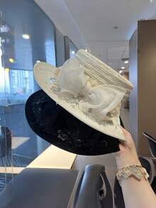 新款复古英式平顶帽，女士欧根纱遮阳帽，大帽檐透气防晒沙滩帽，夏季 - A - 查看 5