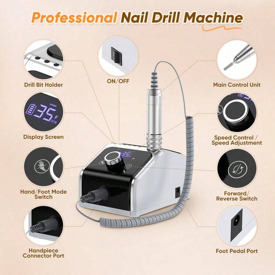 Professional Nail Drill Nail Drill Kit Machine With Foot Pedal Gear LCD Display F/R Rotation Direction - Black - View 1
