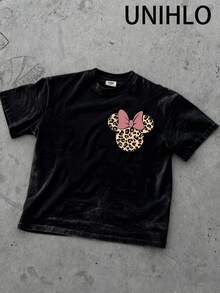 Disney UNIHLO  Stitch  Printed Summer Heavyweight Retro Washed Street Fashion Casual T-Shirt - Black - View 3