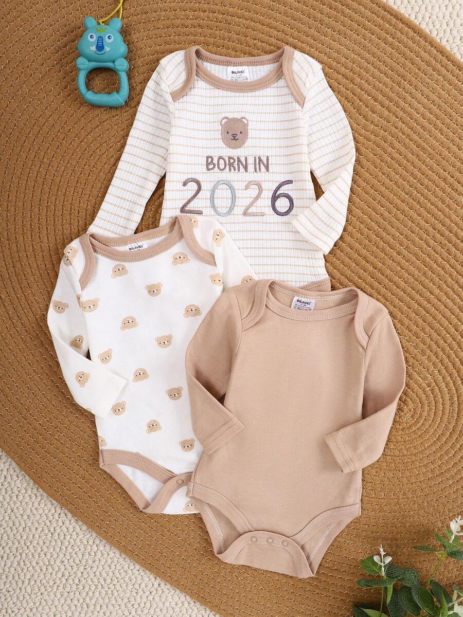DILAVEL 3pcs Newborn Autumn/Winter Long Sleeve Romper Set, Featuring Floral Embroidery And Leopard Print Pattern, Suitable For Outdoor Wear