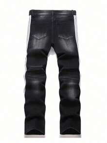 2026 American High - Street Youth Men's Harajuku Style Three - Stripe Black - Blue Straight - Leg Jeans For Fashionable Streetwear And Stylish OOTD, Purple Jeans Option Available For Men's Fashionable Trousers - 黑色 - 查看 2