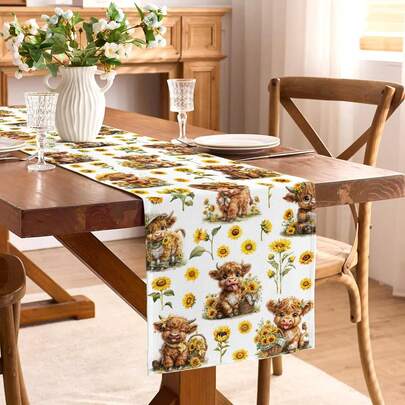 Highland Cow & Sunflower Tablecloth, Cute Animal Home Decor, Spring Birthday Party Decoration, Dining Table Setting, Restaurant, Home, Kitchen
