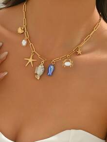 1pc Women's Ocean Beach Style Seashell, Starfish, Small Fish Pendant Necklace, Suitable For Summer Vacation Wear - Gold - View 2