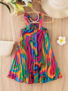 BASUSARRI 度假风交叉绑带褶皱连衣裙，休闲百搭沙滩度假简约时尚女童连衣裙，夏季 - 彩色 - 查看 3