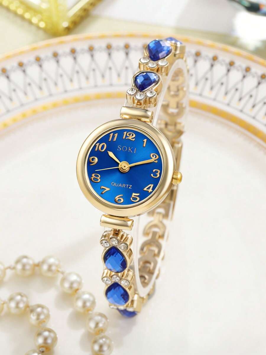 SOKI 1 pieza Reloj de mujer, elegante y de moda con esfera de diamantes, reloj de cuarzo para damas, adecuado para fiestas, galas o uso diario, regalo perfecto para el Día de San Valentín, aniversario o cumpleaños - Azul - Ver 1