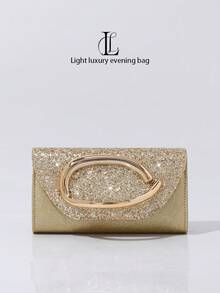 1件女士时尚复古金属手柄晚宴手拿包，奢华优雅闪亮水钻亮片装饰，金属细节盒形包身，配有可拆卸金属链条肩带，适合婚礼、派对、舞会、夜店、正式场合、盛装打扮、钱包等场合。 - 金色 - 查看 5