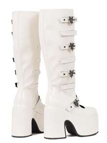 Platform Knee High Boots For Women Round Toe Chunky Heeled Punk Gothic Boot Rave Buckle Metal Bat Cutout Design Western Goth Nightclub Party Work Street Style Walking Business Casual Outdoor Riding Concert Wedding Dressy Easter Gifts Spring Festival Womens Summer White Boots - 白專利 - 查看 3