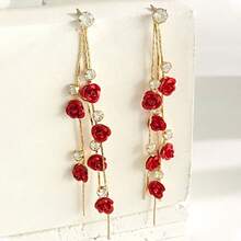 1 Pair Red Rose Tassel Earrings, Elegant And Graceful, Suitable For Daily Wear - Red - View 2
