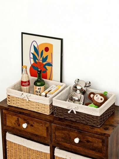 Lined Rattan Storage Basket, Natural Paper Rope Woven Storage Basket, Natural Corn Husk Storage Box, Handwoven Kitchen And Dining Table Storage Box, Bohemian-Style Rustic Decor. Suitable For Bedrooms, Living Rooms, Bookshelves, And Desks. Ideal For Organizing Cosmetics, Snacks, And Coffee Table Items