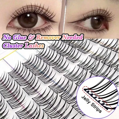 60片自粘假睫毛，韩系女团卡通风格，8-12mm混合长度套装，蓬松单根睫毛，自然妆效三段式设计，散装型，新手友好，可重复使用自粘睫毛簇，睫毛簇，单根假睫毛，自粘式DIY睫毛嫁接，预涂胶簇状假睫毛，免胶可卸假睫毛