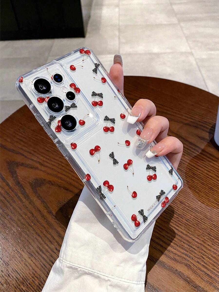 1个时尚甜美格子蝴蝶结樱桃图案透明气囊TPU材质防震手机壳，适合作为三星Galaxy S22/23/24/25/A05/A05S/A53/A54/A55等型号的节日礼物 - 彩色 - 查看 1