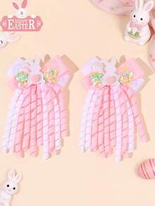 2个装复活节兔子发夹，橡胶材质，可作彩蛋/糖果摇摇乐，鳄鱼夹，可爱白色粉色流苏发夹，闪亮兔子装饰发卡，甜美可爱复活节发卡，青少年发饰 - 粉色 - 查看 1