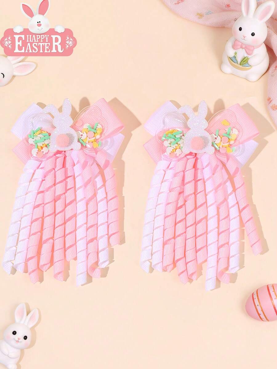 2个装复活节兔子发夹，橡胶材质，可作彩蛋/糖果摇摇乐，鳄鱼夹，可爱白色粉色流苏发夹，闪亮兔子装饰发卡，甜美可爱复活节发卡，青少年发饰 - 粉色 - 查看 1