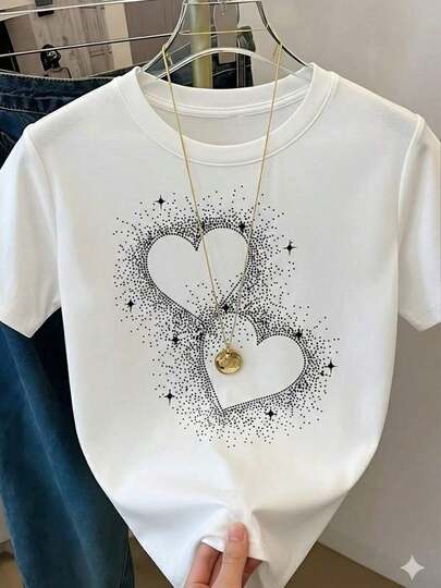 Playera Negra de Mujer con Gráfico de Doble Corazón Brillante, Camiseta de Efecto Diamante y Brillos Manga Corta, Top de Estética Aesthetic Y2K, Blusa Casual de Moda para Fiesta