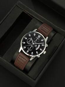 男士优雅轻便钱包及手表套装（2件套），父亲节、生日、周年纪念日的完美礼物 - 棕色 - 查看 4