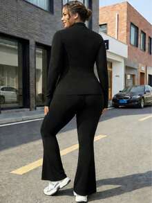 女士纯色健身套装，长袖运动上衣和紧身裤，健身房锻炼跑步服 - 黑色 - 查看 5