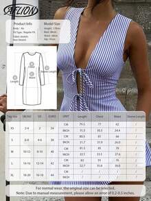 Aflion 女士新款春夏红白条纹深V领系带荷叶边下摆无袖迷你连衣裙 - 柔软舒适，性感甜美，俏皮风格，适合情人节约会、狂欢派对、度假、购物、音乐节等场合。 - 紅白色 - 查看 5