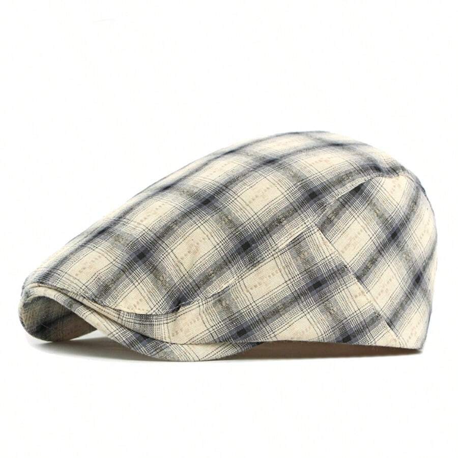 1pc 2026 Spring New Classic Plaid Beret Hat, Unisex Retro British Style Casual Newsboy Cap - Thin Tricolor Checkered Newsboy Cap - View 1
