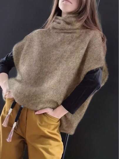 Chaleco sin mangas de punto sólido de talla grande para mujer, estilo vintage artístico minimalista, ligero y casual, para primavera/otoño, elegante y versátil para uso diario, de tejido de punto suave, adecuado para vacaciones, oficina y todas las estaciones