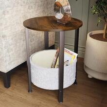 Small Round Side Walnut Coffee Table Bedside Stand With Fabric Storage Basket - Multicolor - Ver 4