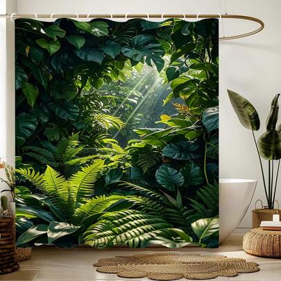 1pc Green Plant Shower Curtain, Made Of Polyester, Waterproof, Non-Blackout, Suitable For Home And Bathroom Decor, Comes With 12 Hooks