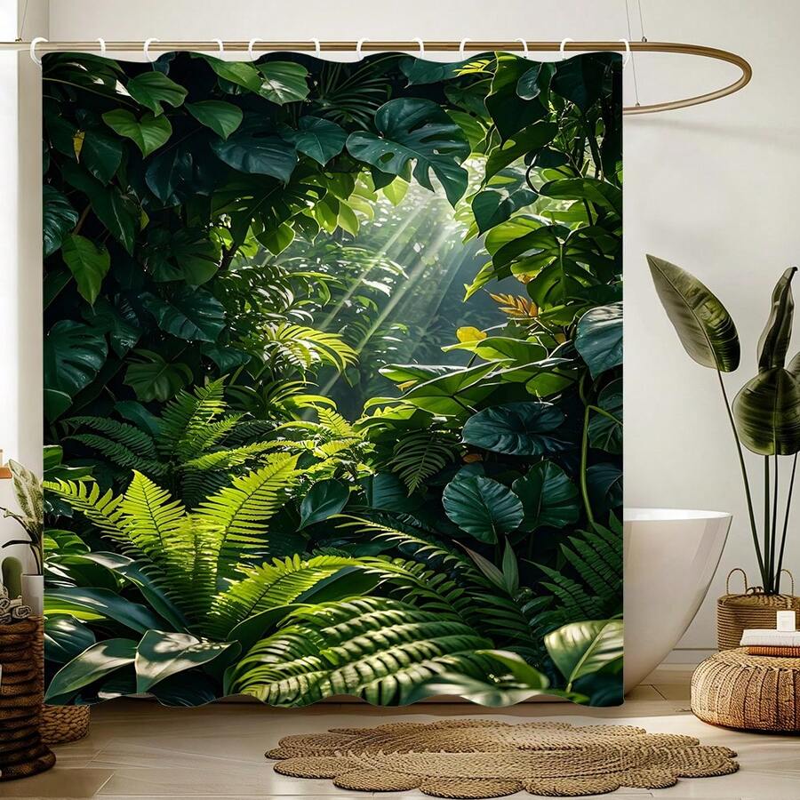 1 chiếc rèm tắm họa tiết cây xanh, làm từ polyester, chống thấm nước, không cản sáng hoàn toàn, thích hợp trang trí nhà cửa và phòng tắm, kèm theo 12 móc treo. - A - Xem 1