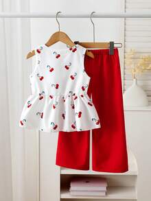 BASUSARRI Young Girl Cherry Print Sleeveless Dress Top And Straight Leg Pants Set, Elegant Lady Style Outfit For Girls, Suitable For Dates, Outings, Valentine's Day - Red - View 3