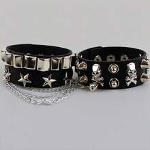 1pc Geometric Pattern Punk Chic Rivet PU Leather Bracelet, Suitable For All Seasons - Black - View 2