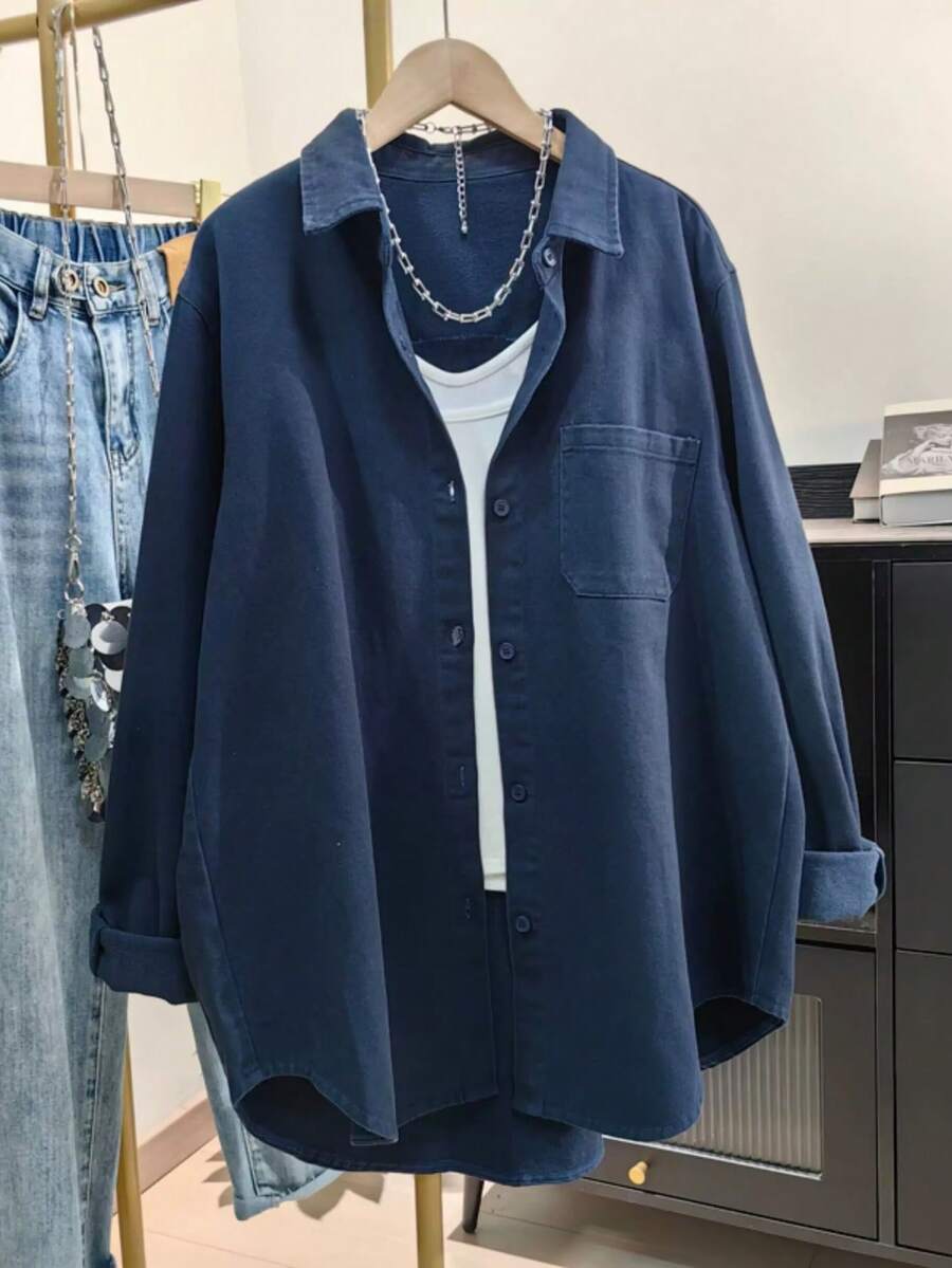 Plus Size Women Solid Color Pocket Front Button Down Casual Shirt Spring - Navy Blue - View 1