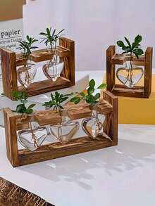 Wooden Frame Plant Micro Landscape, Heart-Shaped Transparent Glass Vase, Hydroponics Plant Propagation Station, Air Pineapple Flower Pot, Suitable For Home Office Decor, Home Decor, Room Decor Vase - Multicolor - View 13