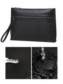 时尚男士手提包，黑色纹理手拿包，带拉链口袋，安全旅行手机钱包卡片现金收纳包，时尚商务男士公文包，2026 男士配饰，情人节礼物，送给男士/男友/丈夫 - 黑色 - 查看 7