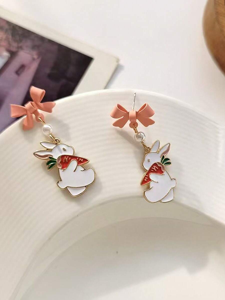 1 Pair Rabbit & Flower Basket Earrings, Suitable For Daily Wear - Multicolor - View 1