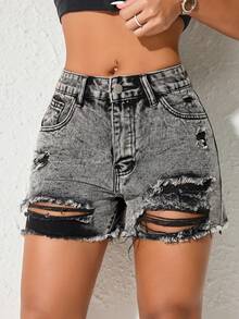 Y2K Style Street Pocket Side Elastic Waist Casual Classic Fitted Denim Mini Shorts Set, Spring/Summer - Dark Grey - View 2