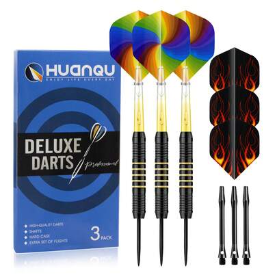 HUANQU Juego de dardos de 159 mm de alta calidad, juego de dardos completo de 24 g, con barril de dardos de hierro, que incluye 3 vástagos de dardos amarillos degradados, 1 afilador de dardos, 3 plumas de dardos multicolor, 1 estuche portátil para almacenar dardos, adecuado para principiantes y jugadores profesionales, uso en competiciones, entretenimiento en bares y juegos en casa, regalo perfecto para el Día de San Valentín, Pascua, cumpleaños y otras festividades, opción ideal para los entusiastas de los dardos