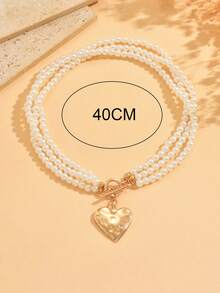 1pc Vintage 3-Layer Handmade Beaded Necklace With Hammered Heart Clasp, Versatile Choker Jewelry For Daily Wear, Dates, Parties, Also Suitable As Mother's Day Gift - Multicolor - View 4