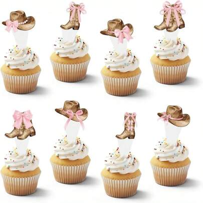 Bộ trang trí sinh nhật phong cách cao bồi miền Tây màu hồng (24/12/1), bao gồm giày và mũ cao bồi để trang trí bánh kem, phù hợp cho tiệc sinh nhật, tiệc chủ đề miền Tây, trang trí tiệc cao bồi và trang trí bánh cupcake, thiết kế vui nhộn và sống động.