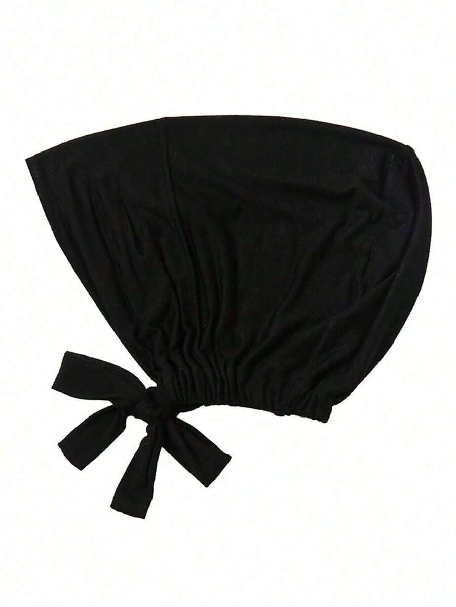 1pc Women's Solid Color Elastic Drawstring Hooded Turban Headscarf With Matching Shawl, Soft Breathable Hijab Under Cap & Headband, Ideal For Daily Wear, Casual Outings & Abaya Matching - 黑色 - 查看 1
