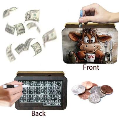 1pc Wooden Piggy Bank, Double-Sided Design With Numbers & Patterns, Family Coin Saving Plan, Teenage Gift, Rectangular Coin Storage Box, Suitable For Birthday Party, Back To School, Novelty Toy, Non-Electric Coin Bank