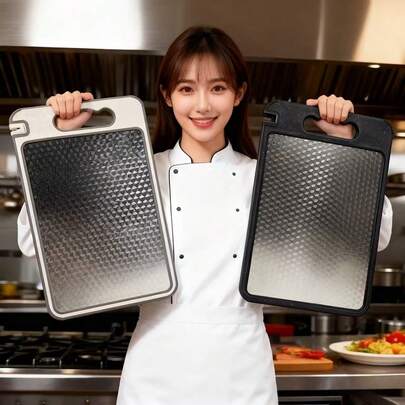 1 adet Paslanmaz Çelik Kesme Tahtası, Çok Amaçlı Çift Taraflı Doğrama Tahtası, Mutfak Kesme Tahtası, Restoran ve Kamp Malzemesi, Kaymaz Sap Tasarımı, Paslanmaz Malzeme, Açık Hava Seyahatleri İçin Vazgeçilmez